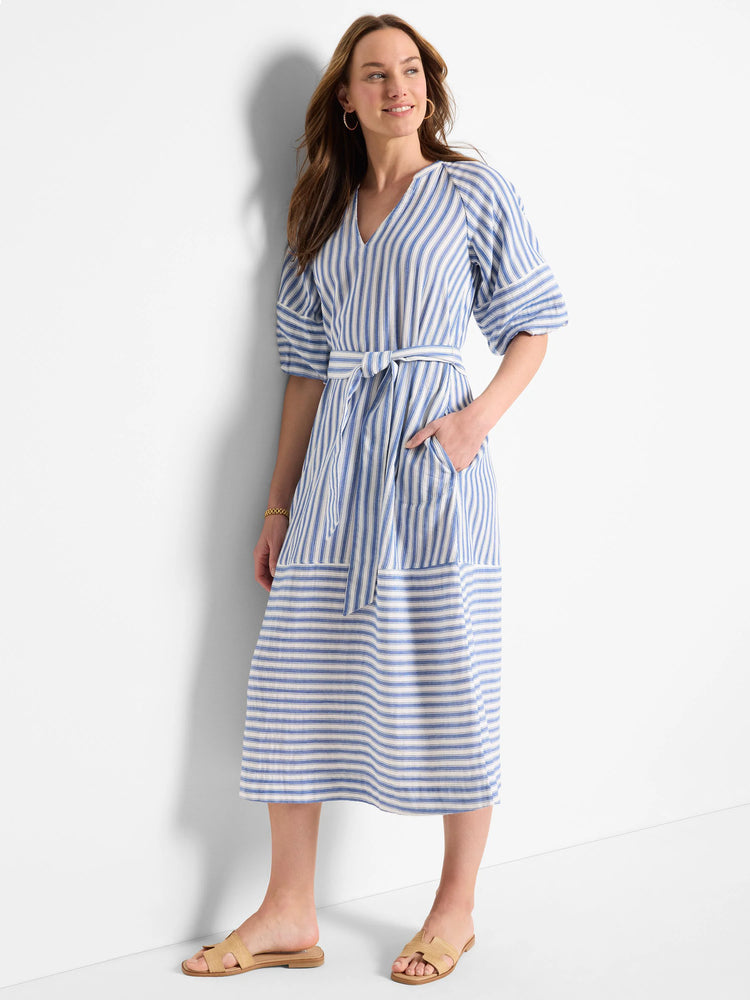 Blue and white striped midi dress with a V-neck, elbow-length sleeves, and a self-tie belt. It has patch pockets.