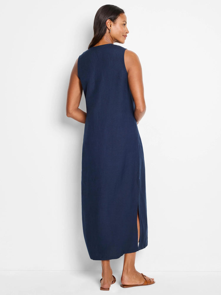 Navy blue sleeveless maxi dress, back view. Features a center back seam and a side slit.