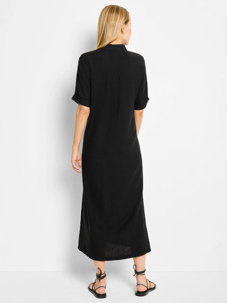 Black midi dress, short sleeves, collared neckline. Shown from the back.