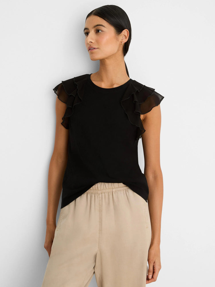 Black top with chiffon ruffle cap sleeves.