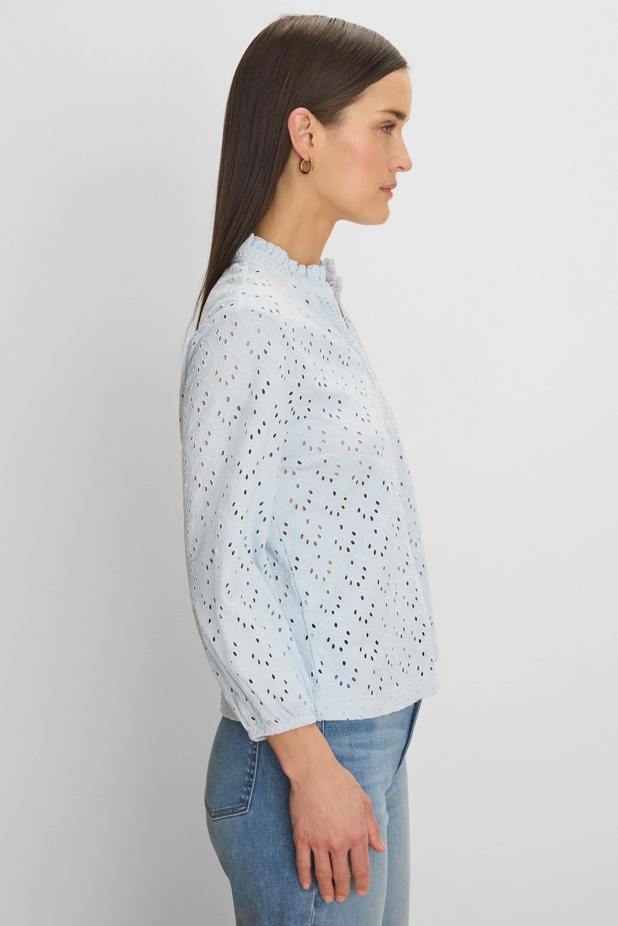 Light blue eyelet top with a ruffled stand collar and 3/4 sleeves.