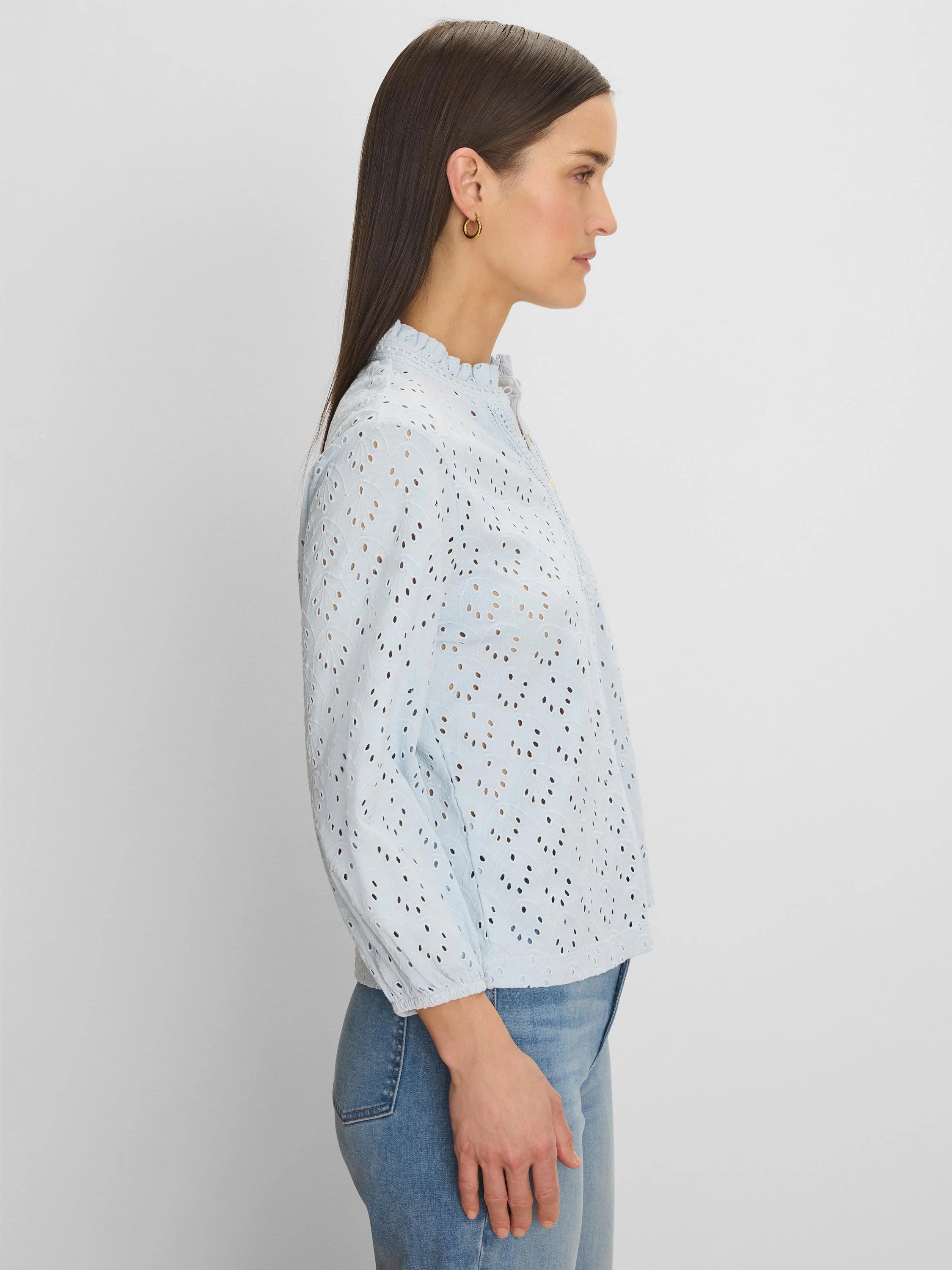 Light blue eyelet top with a ruffled stand collar and 3/4 sleeves.