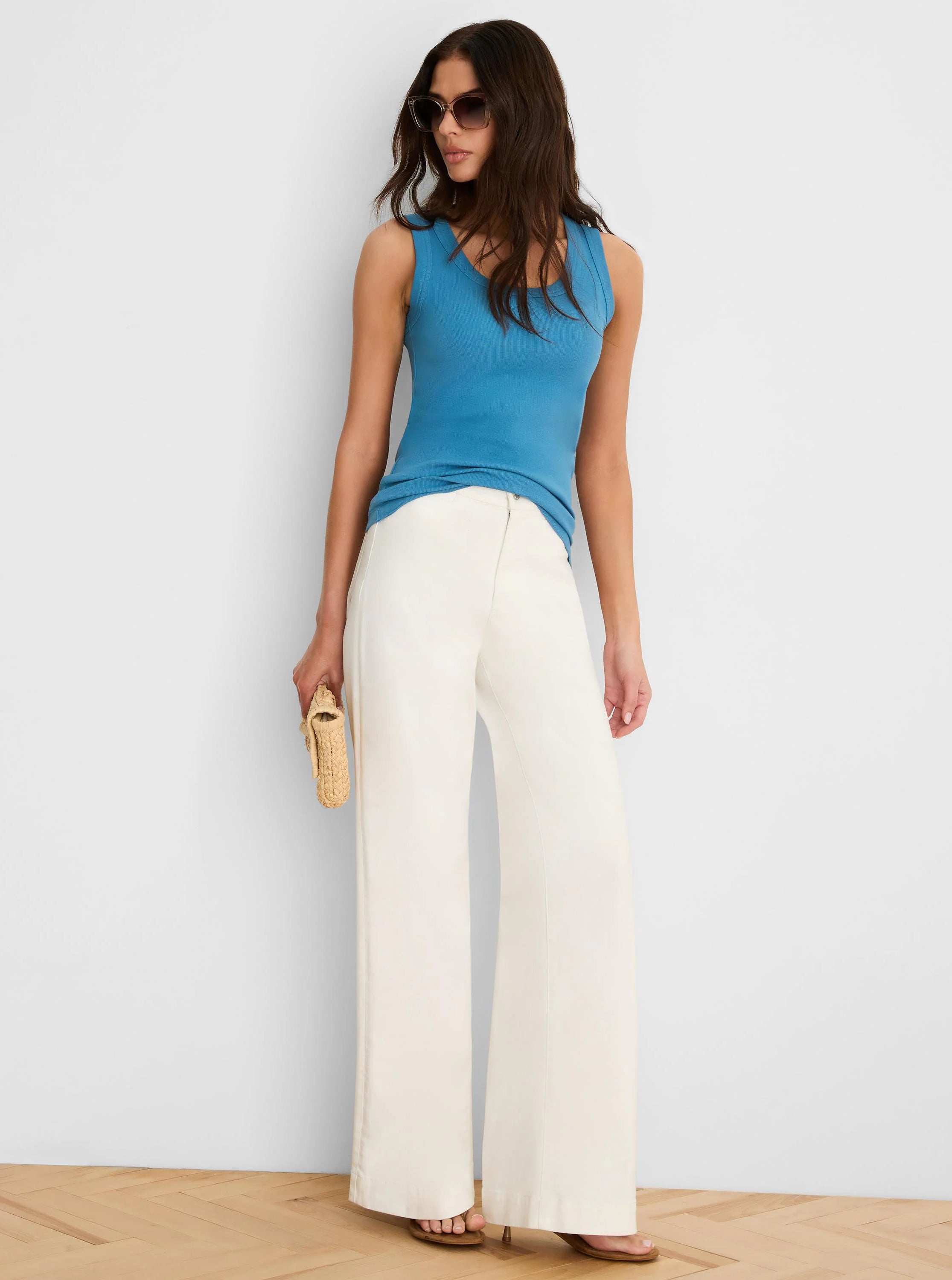 Blue ribbed knit scoop neck tank top, fitted.