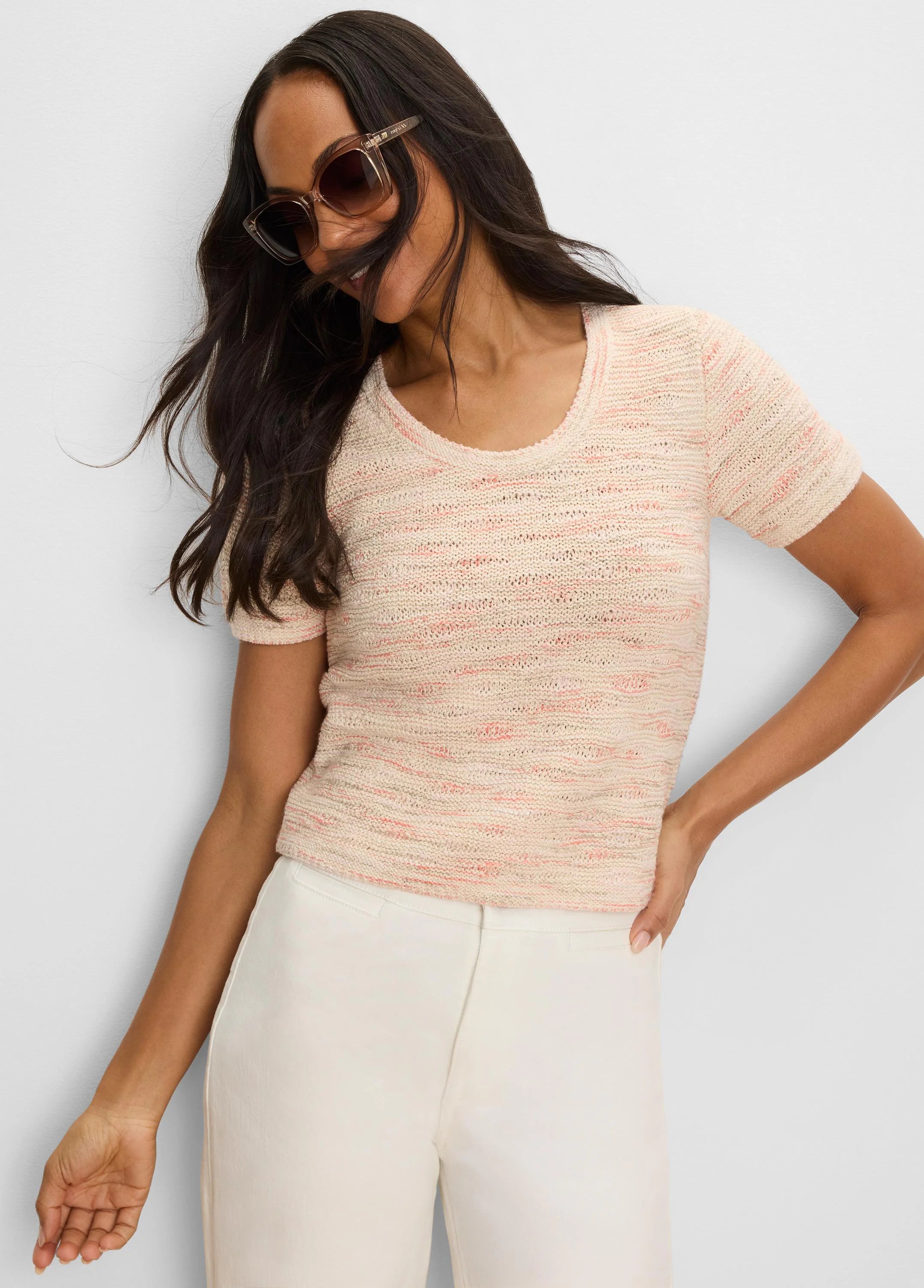 Cream textured sweater tee with pink horizontal streaks, short sleeves, scoop neck.
