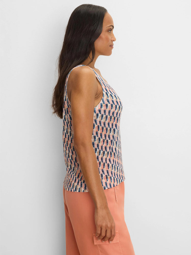 Knit tank top with an abstract sideways block pattern in peach, navy, and beige.