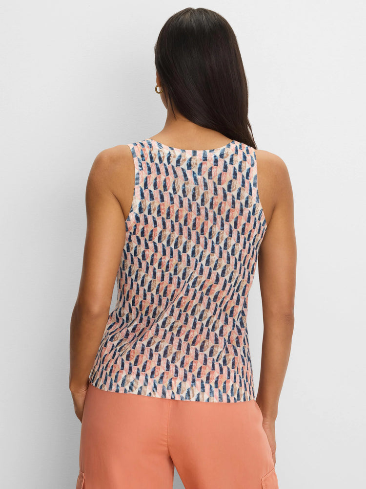 Sleeveless sweater tank with abstract navy, peach, and tan brushstroke pattern on a cream background.
