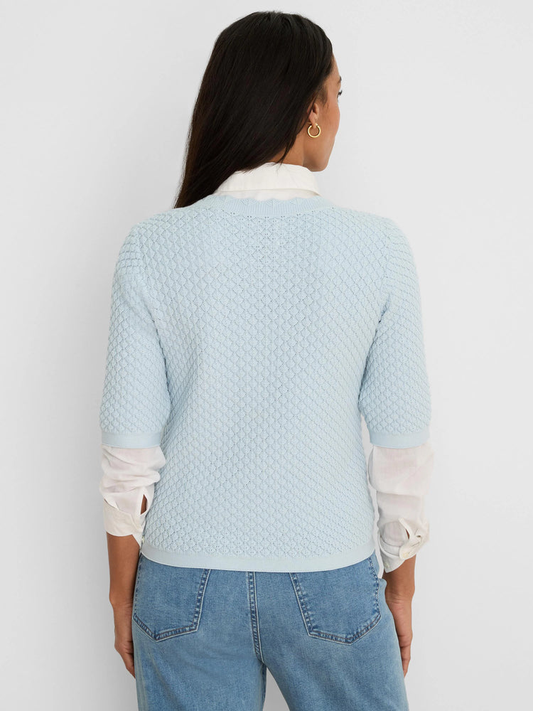 Light blue Scallop Texture Sweater Tee, back view, with knit diamond pattern and elbow-length sleeves.