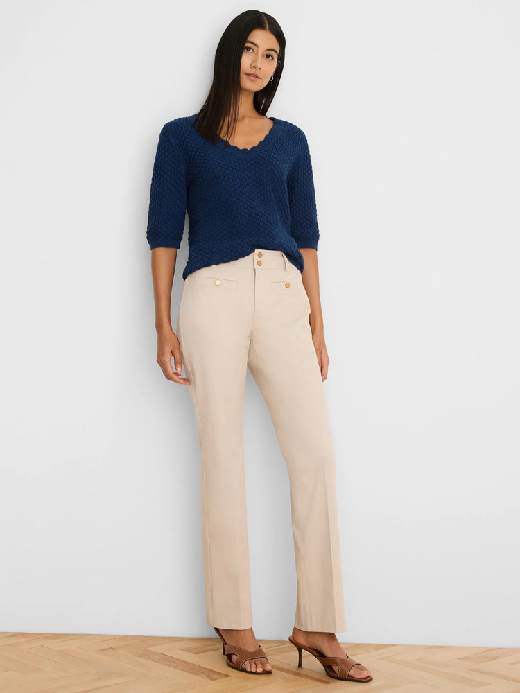Navy blue sweater tee with raised scallop knit texture, scalloped V-neck, and 3/4 sleeves.