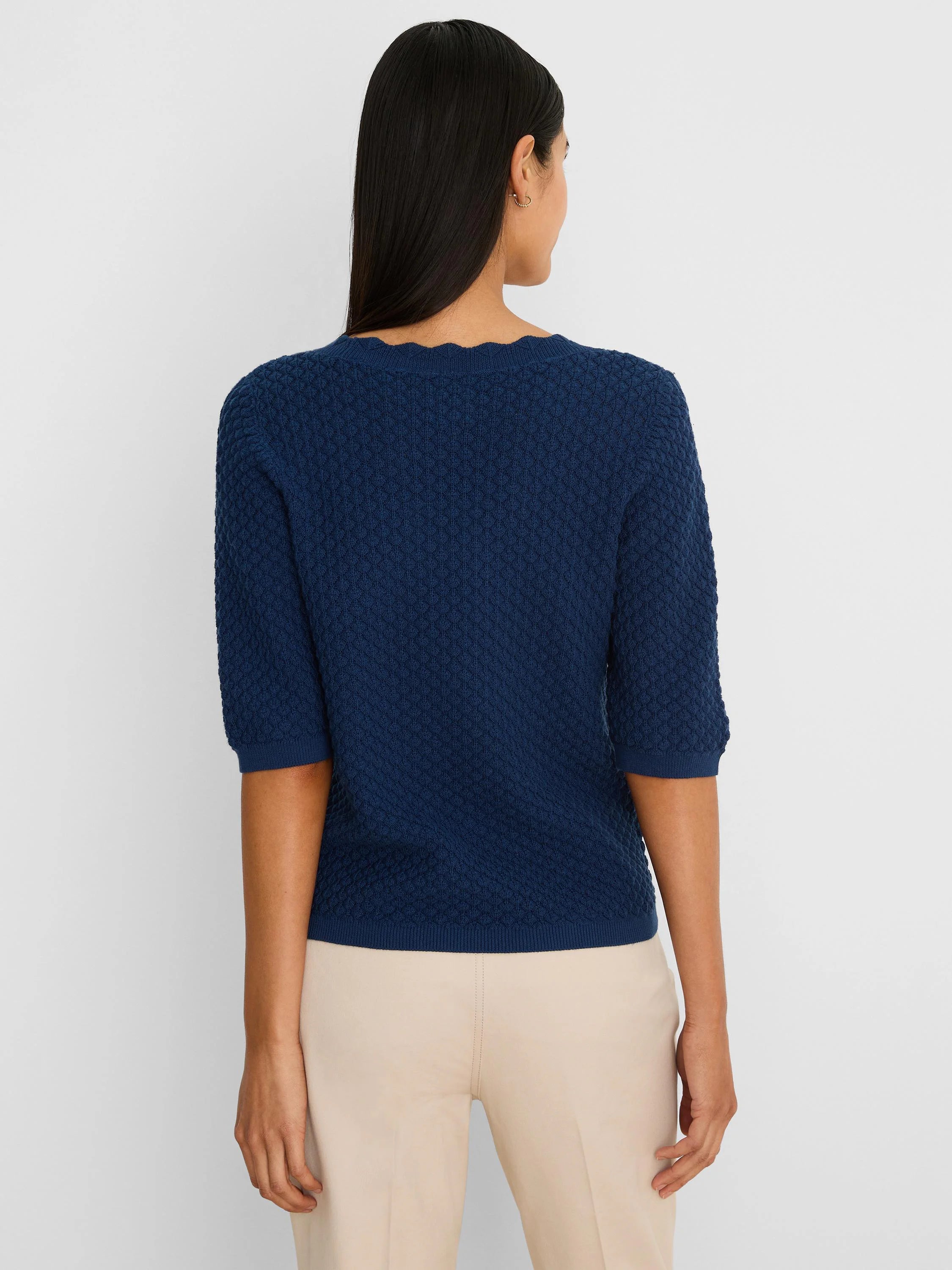 Dark blue scallop textured sweater tee with a scalloped neckline and elbow-length sleeves.