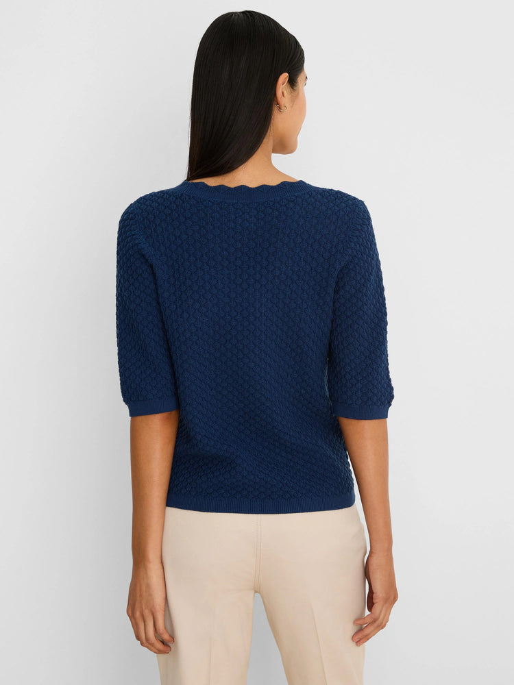Dark blue scallop textured sweater tee with a scalloped neckline and elbow-length sleeves.