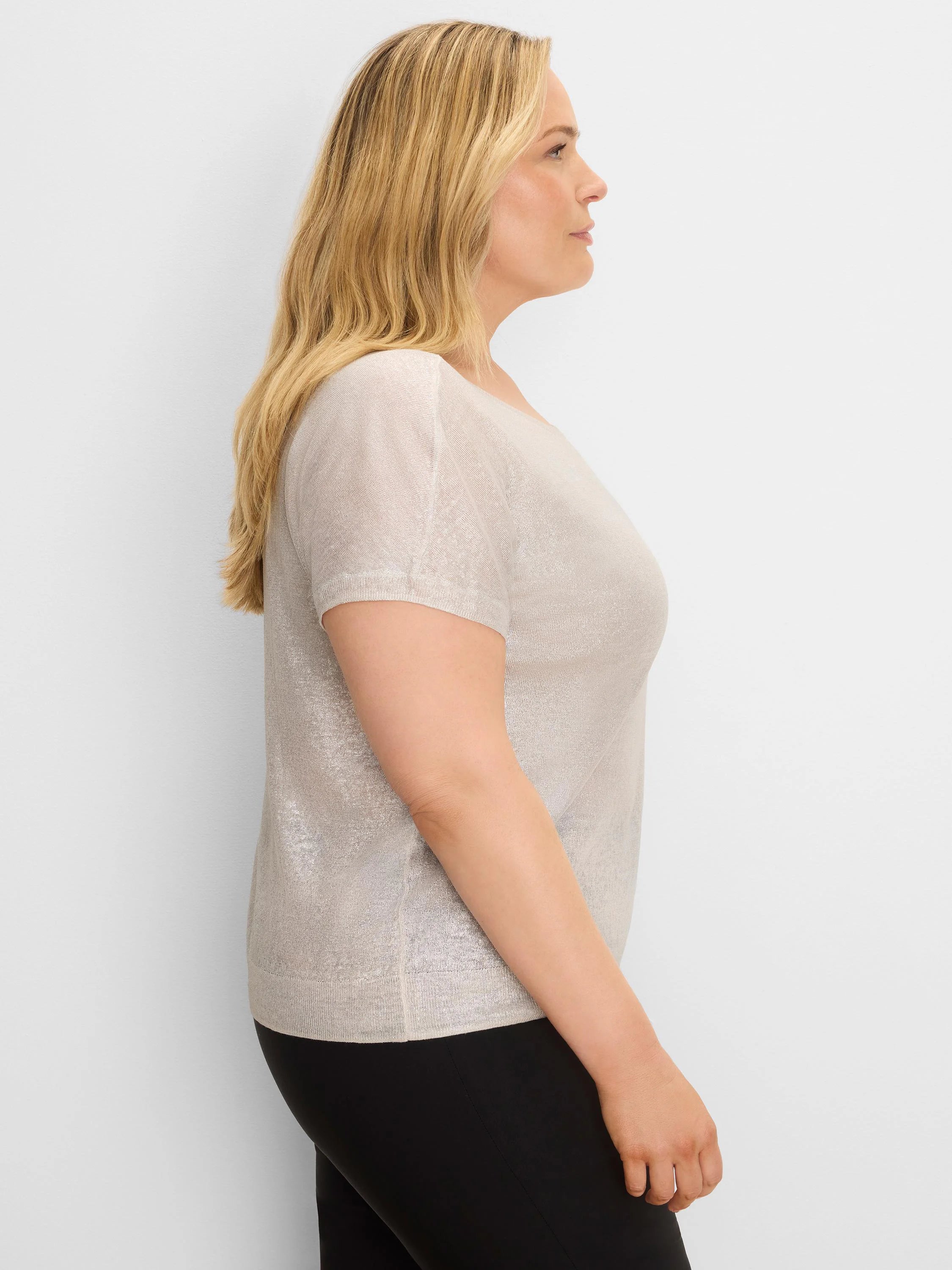 Light, shimmering knit sweater with short sleeves and a scoop neck.