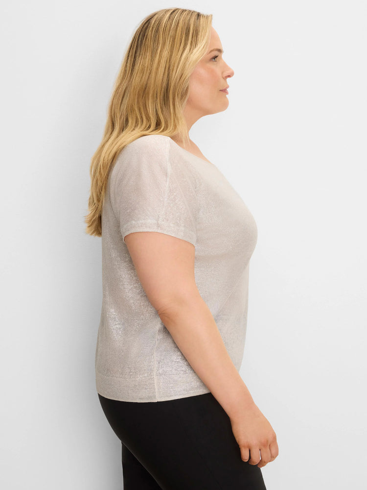 Light, shimmering knit sweater with short sleeves and a scoop neck.
