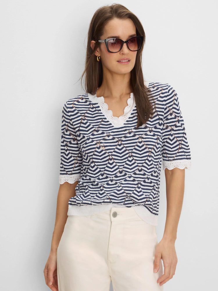 Navy and white chevron knit sweater with scalloped V-neck and short sleeves.