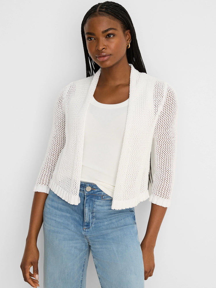 White open-front mesh ruffle cardigan with 3/4 sleeves.