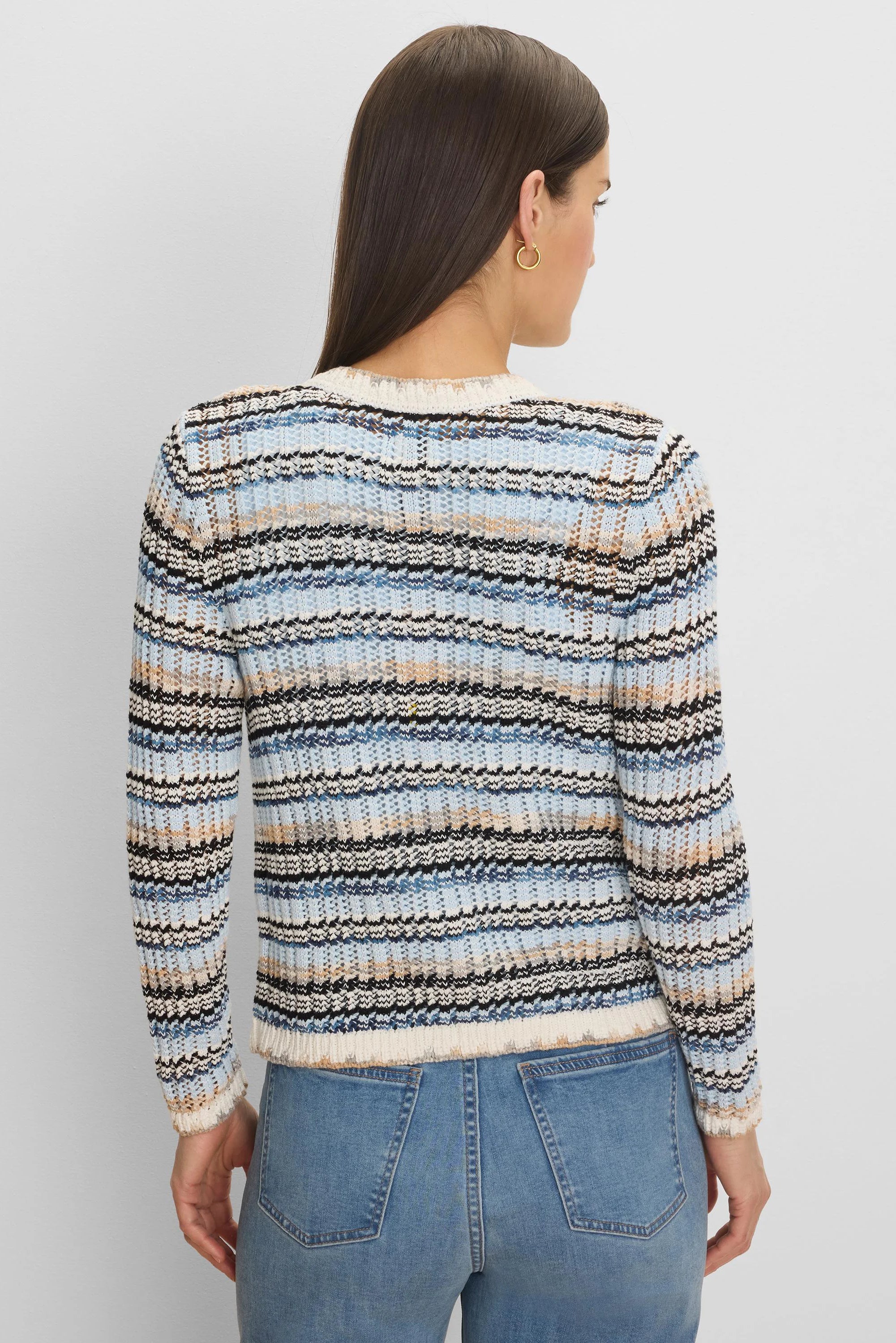 Multi-blue, cream, tan, and black striped cardigan with an open-knit zig-zag pattern, viewed from the back.