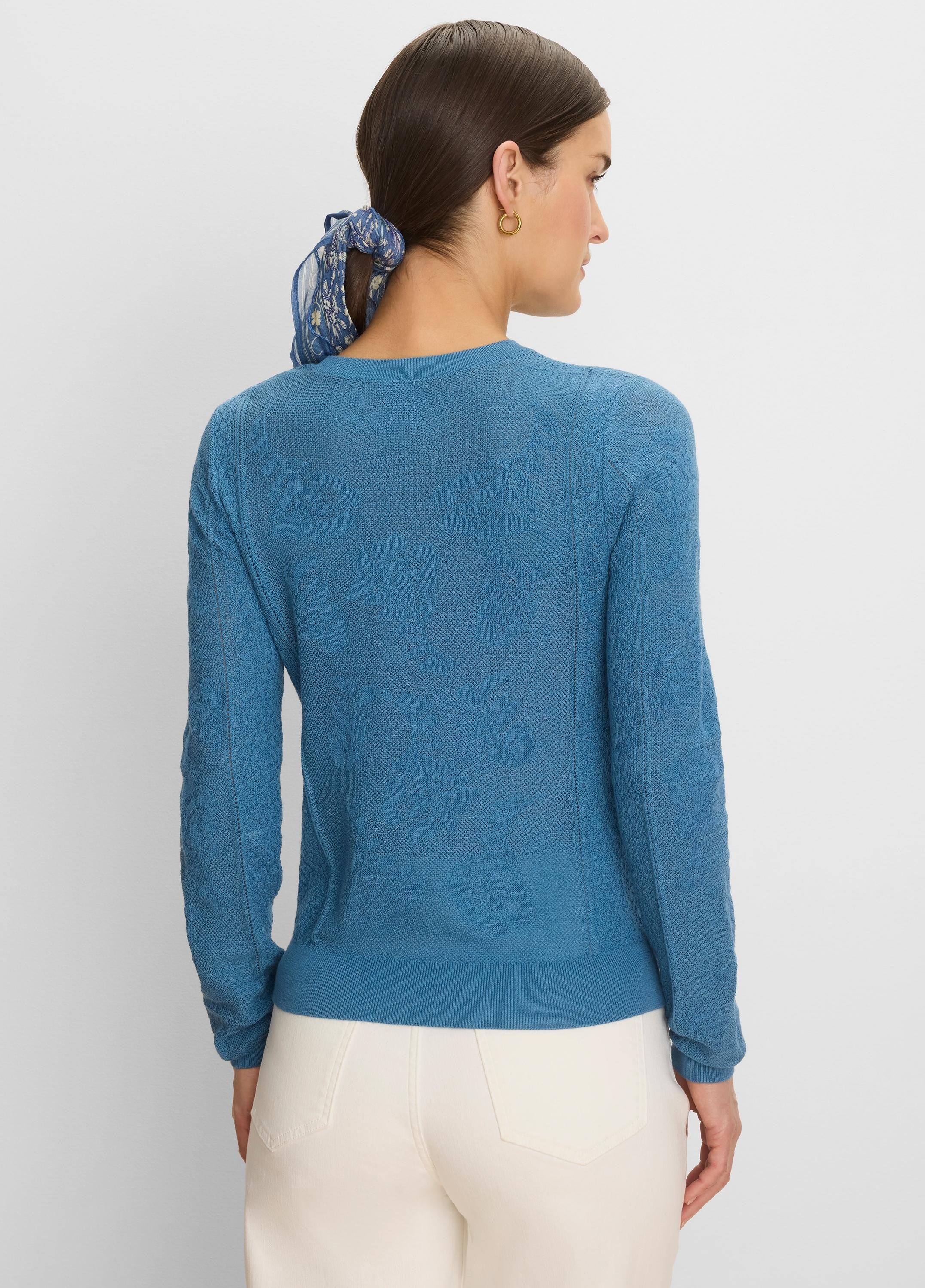 Teal blue long-sleeved jacquard lace sweater with an all-over tonal floral pattern and ribbed trim.
