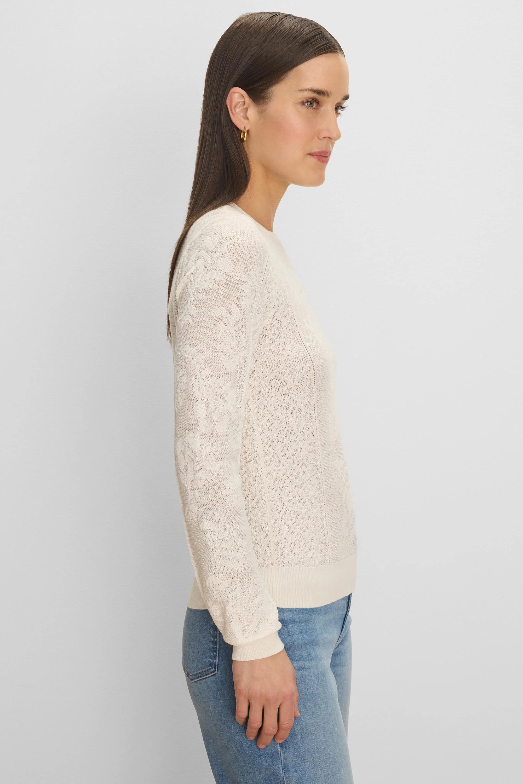 Cream jacquard knit sweater with a textured floral pattern and openwork lace details.