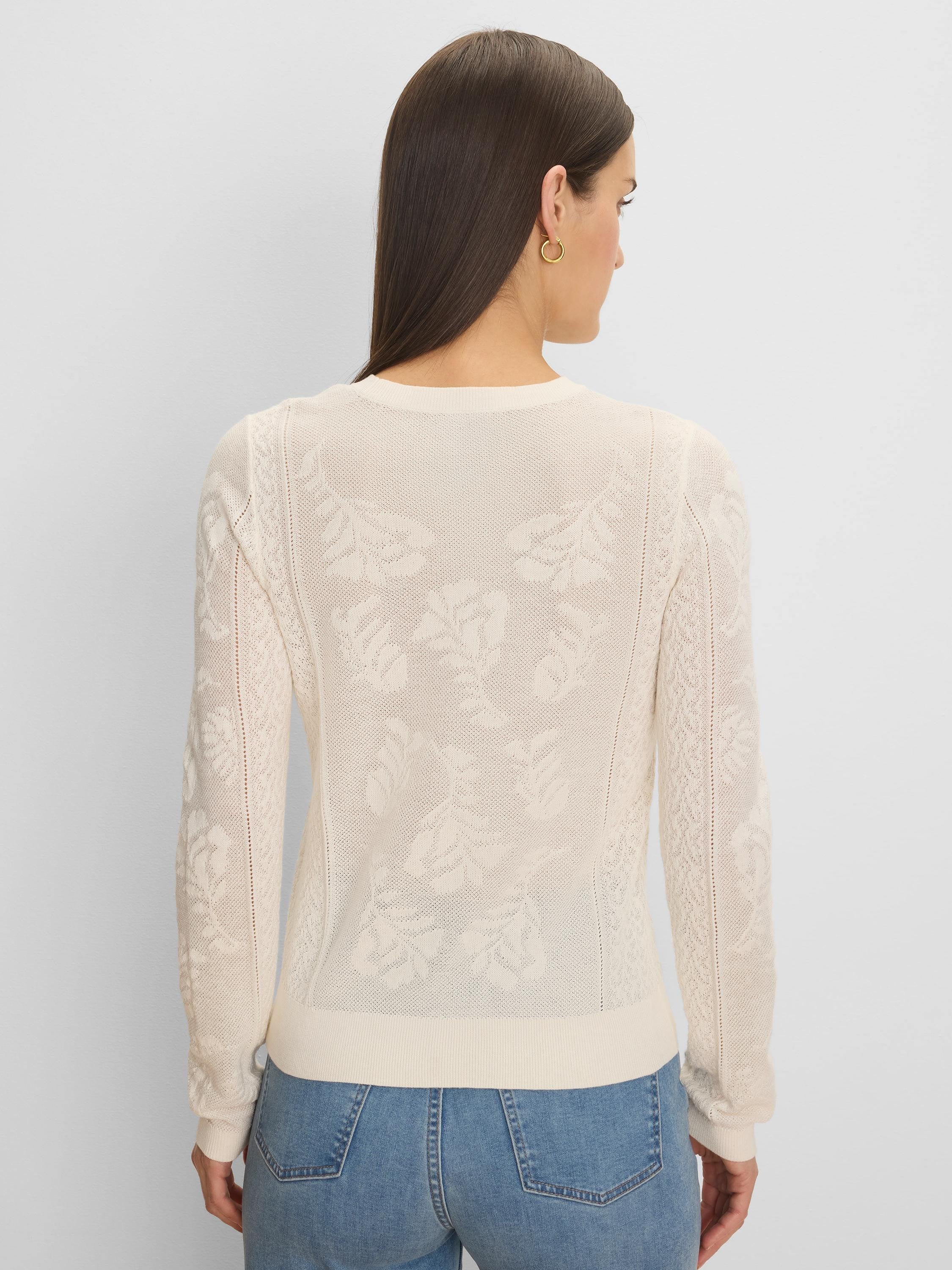 Cream jacquard lace knit sweater with an all-over floral pattern, long sleeves, and ribbed trim.