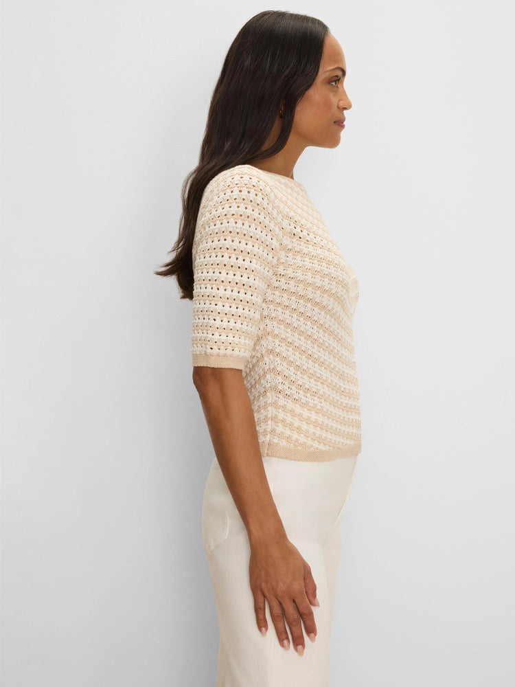 Cream & beige short-sleeve sweater with horizontal stripes and an open crochet knit.
