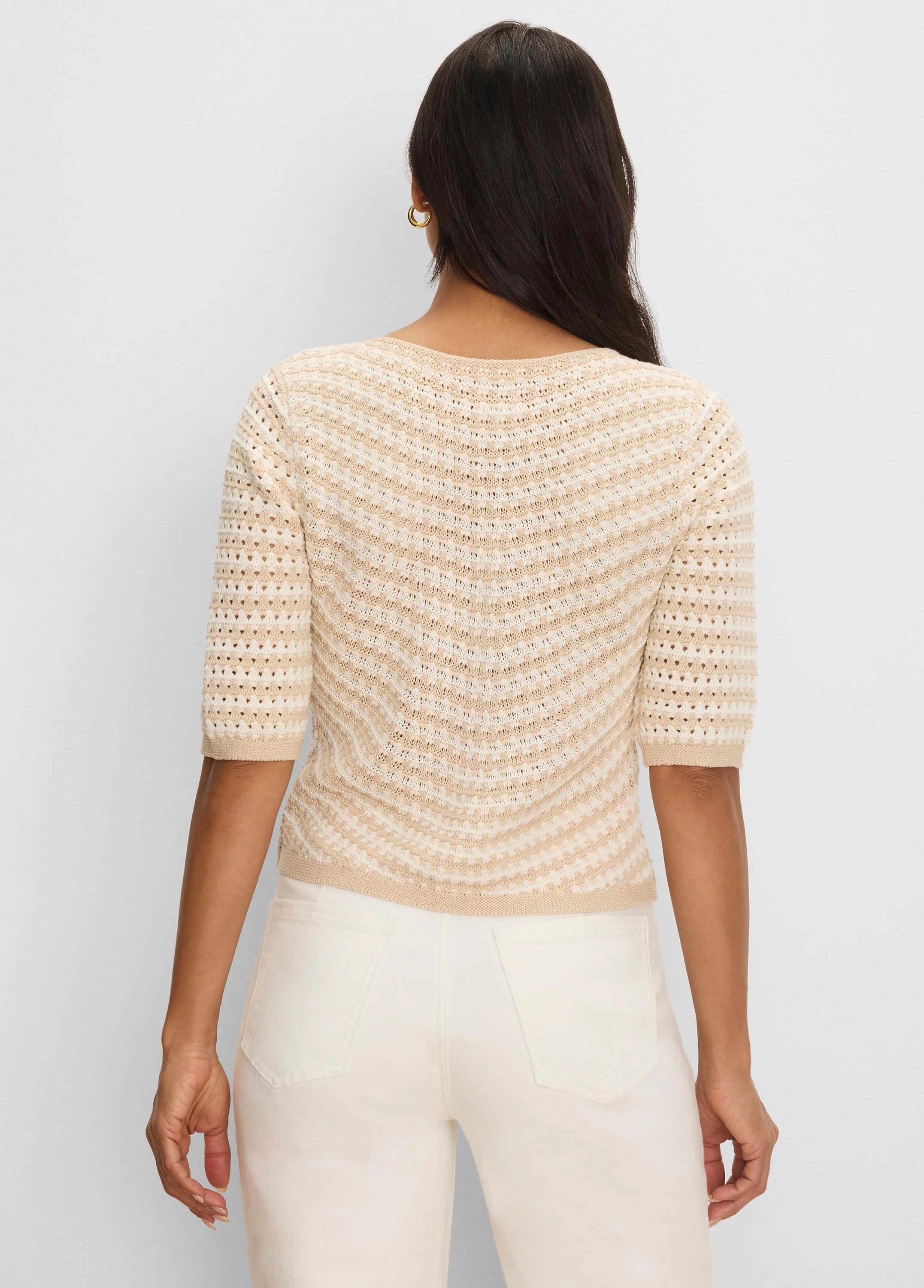 Cream & tan V-stripe crochet sweater with open knit texture and elbow sleeves, back view.