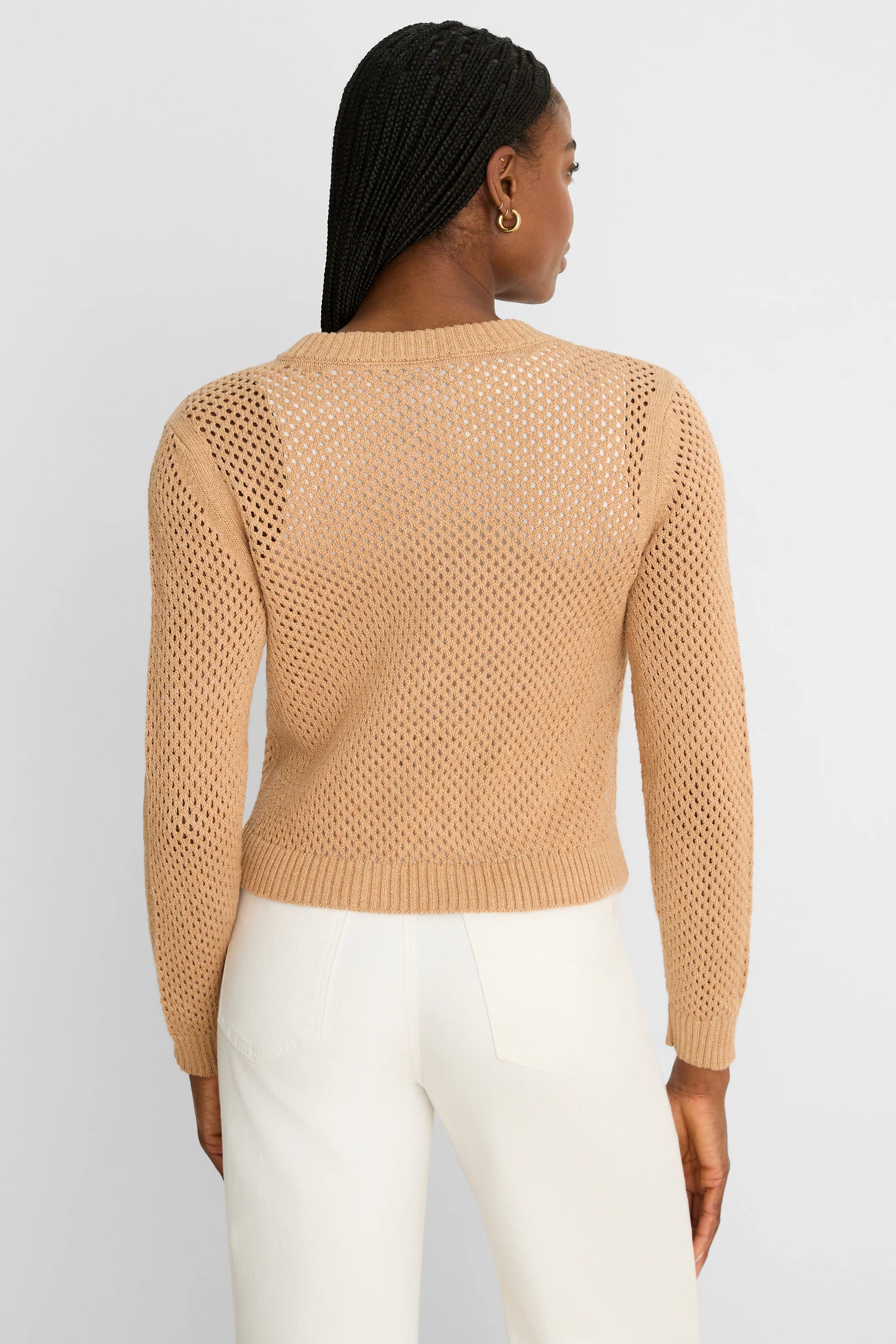 Camel zip-front mesh cardigan with long sleeves, ribbed cuffs and hem, shown from behind.