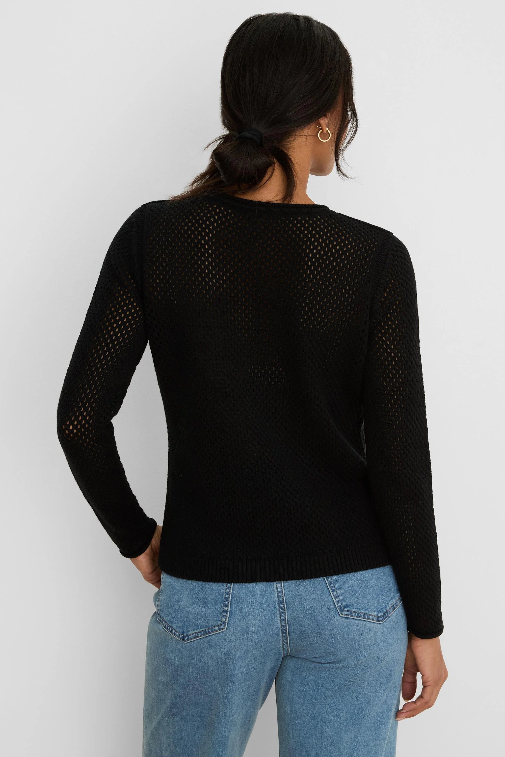 Black long-sleeved sweater with a sheer, open mesh knit pattern.