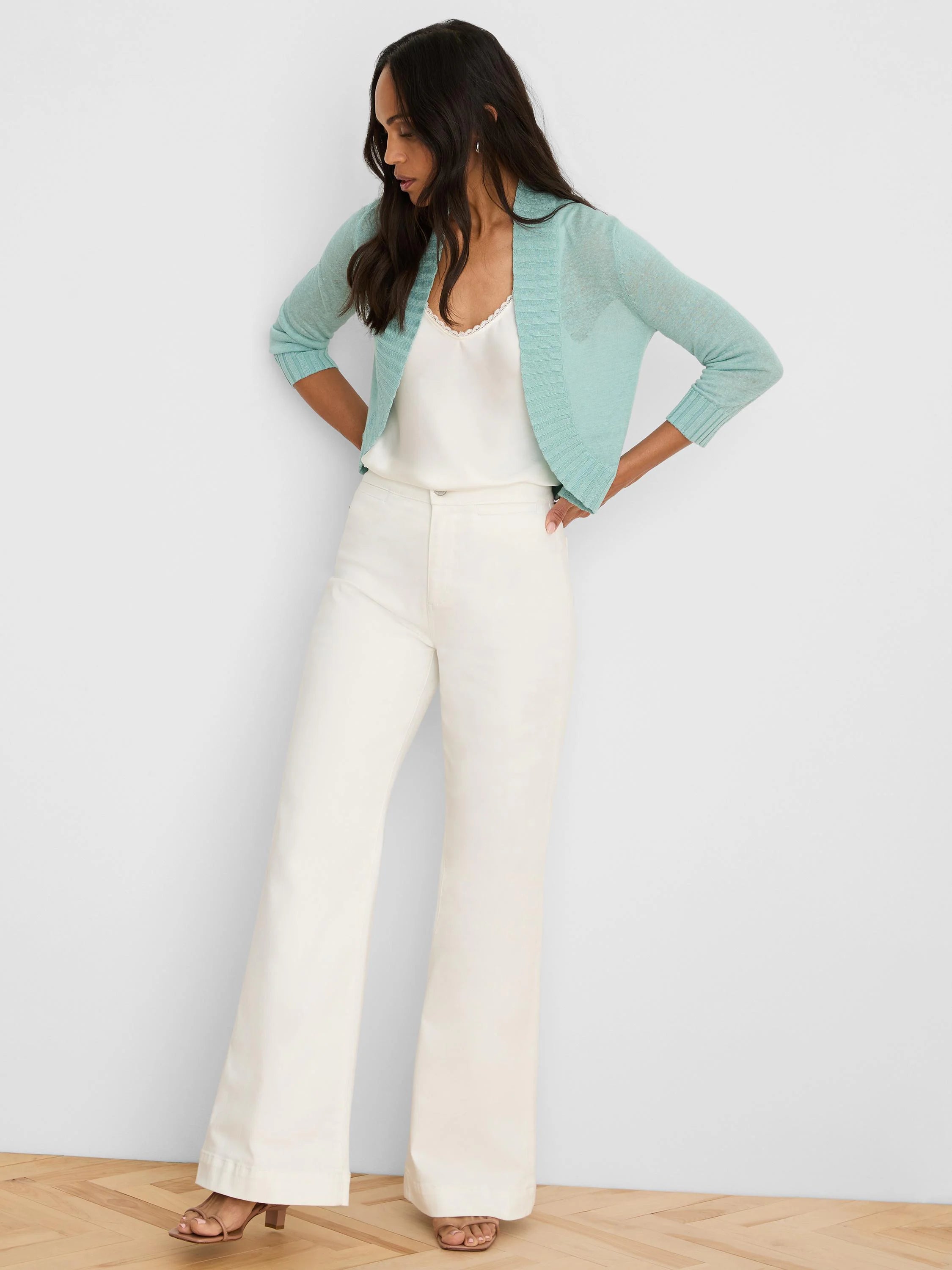 Sheer mint blue bolero, open front, 3/4 sleeves with ribbed cuffs.