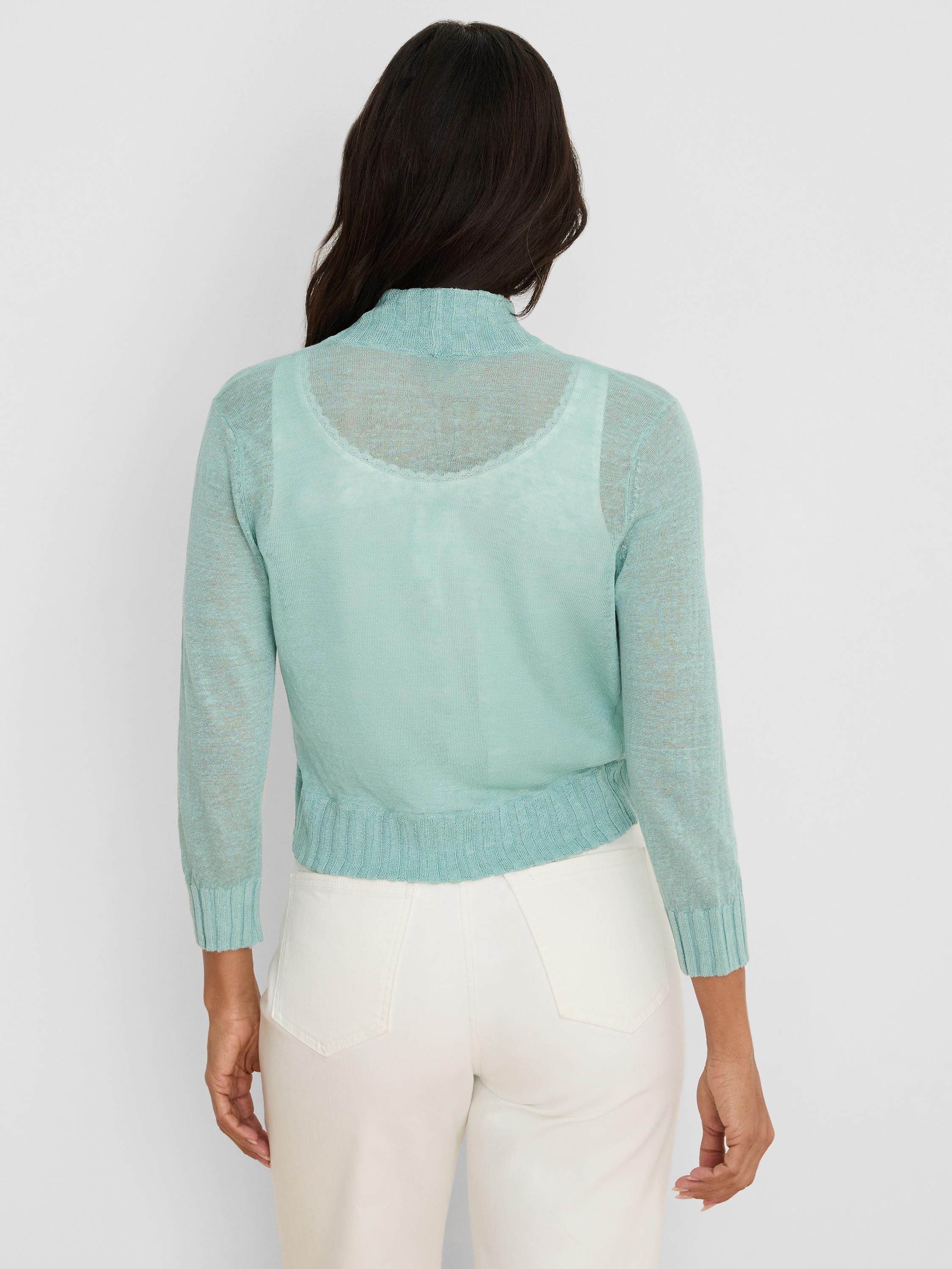 Aqua bolero cardigan, sheer knit, cropped length with 3/4 sleeves, ribbed mock neck, cuffs, and hem.