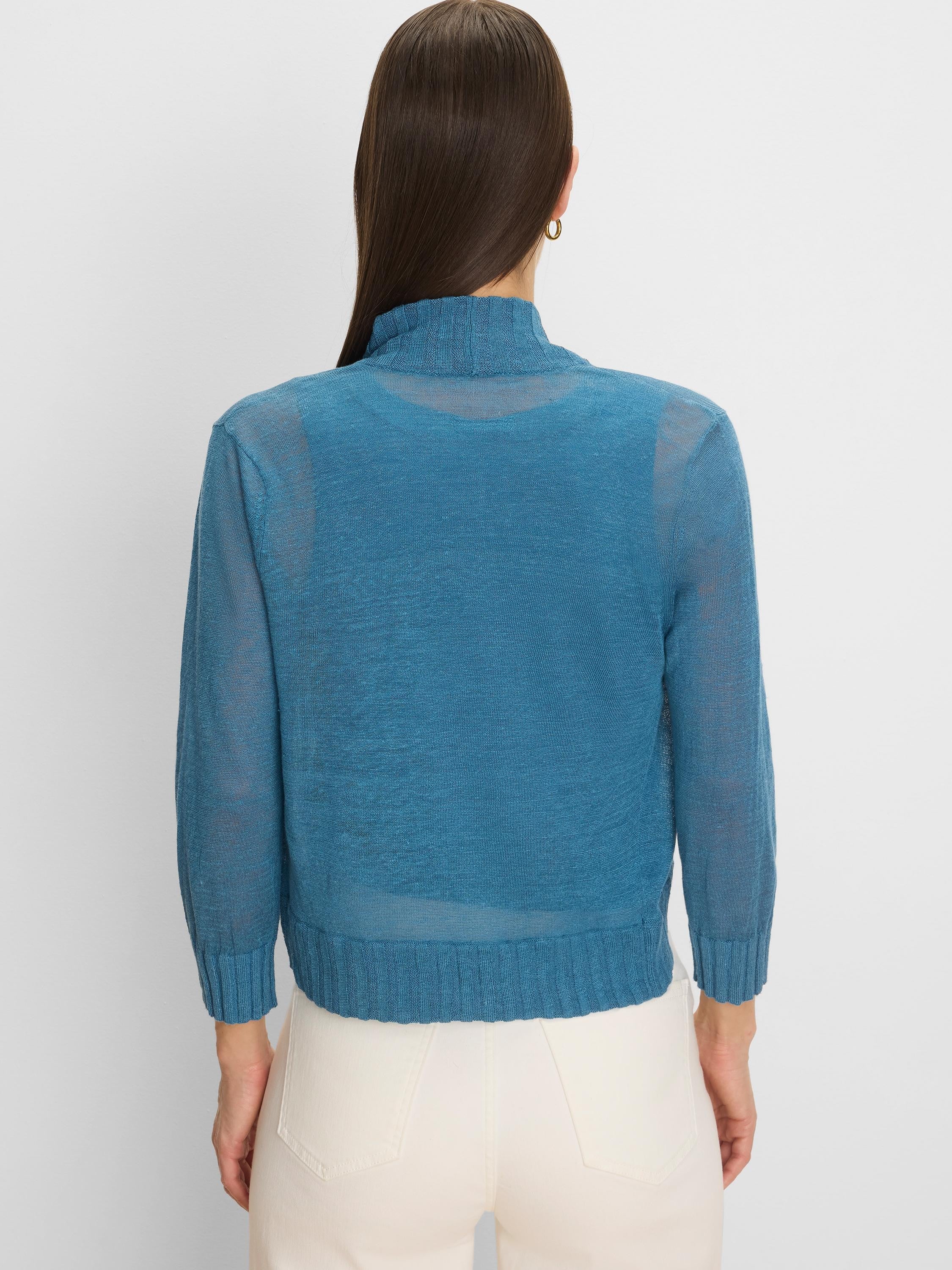 Teal sheer knit bolero cardigan, long sleeves, cropped back view, with a mock neck.
