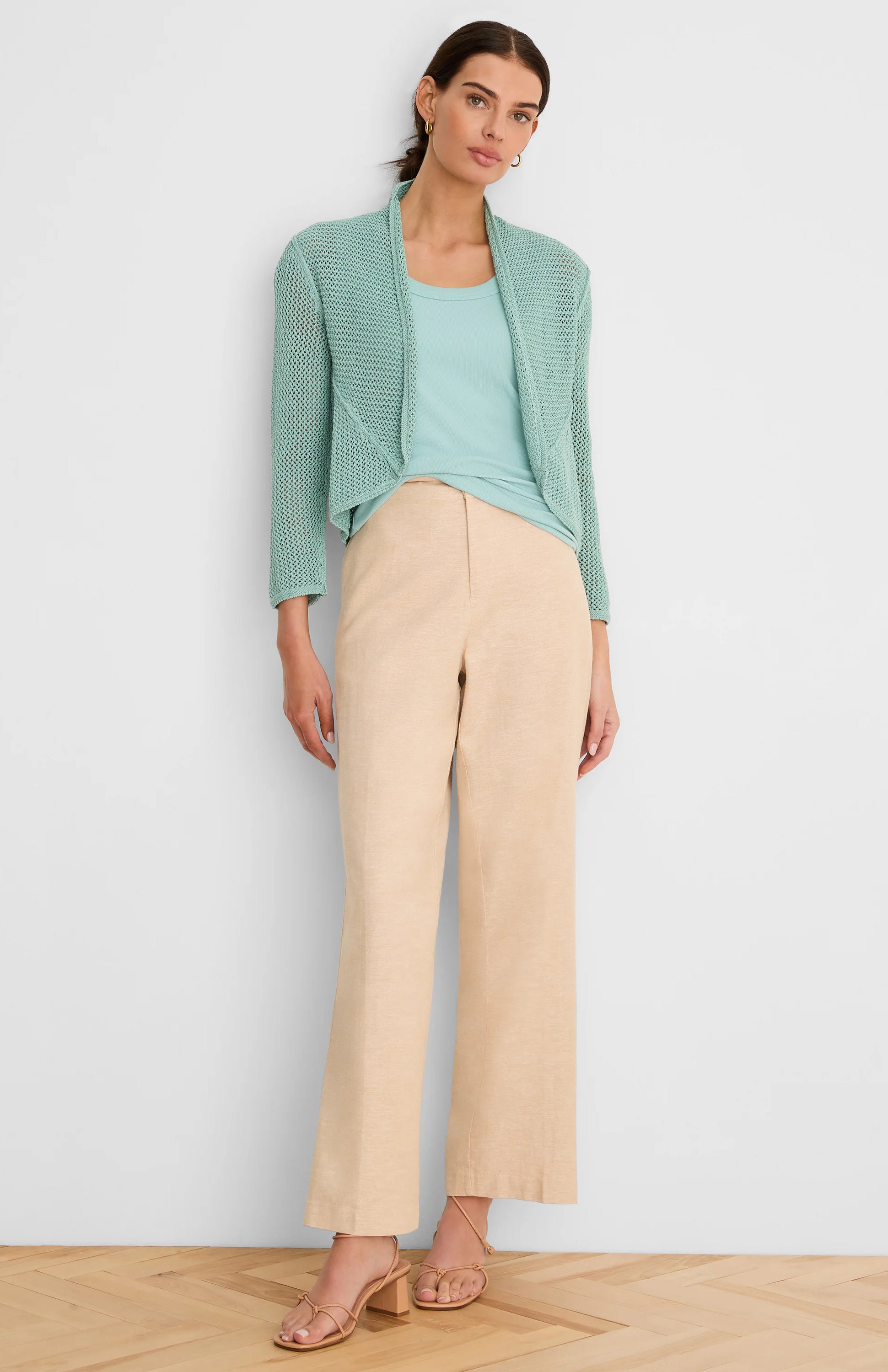 Pale teal open mesh knit cocoon cardigan with 3/4 sleeves.