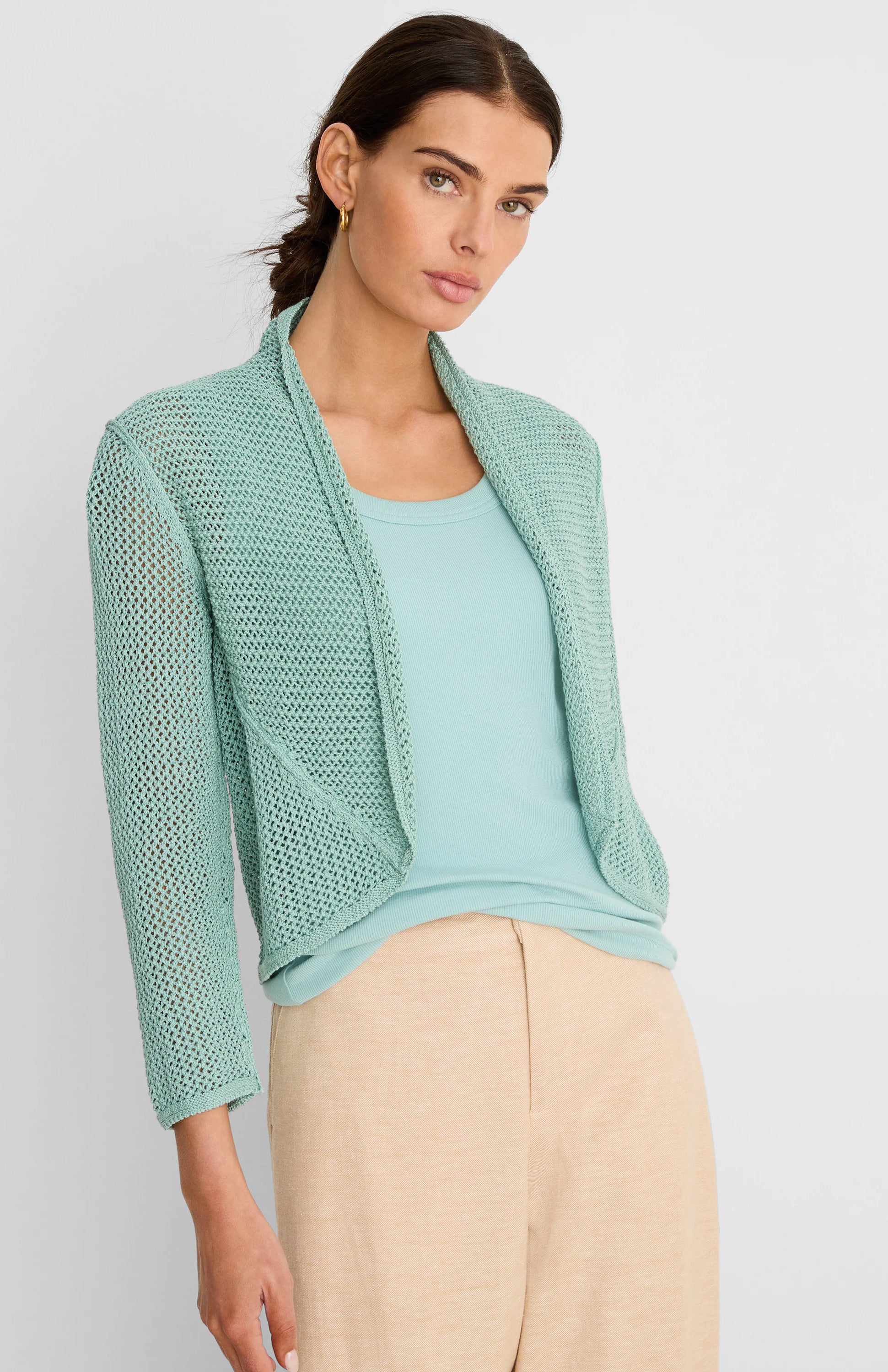 Mint green mesh cocoon cardigan, open front, draped fit, with 3/4 length sleeves.