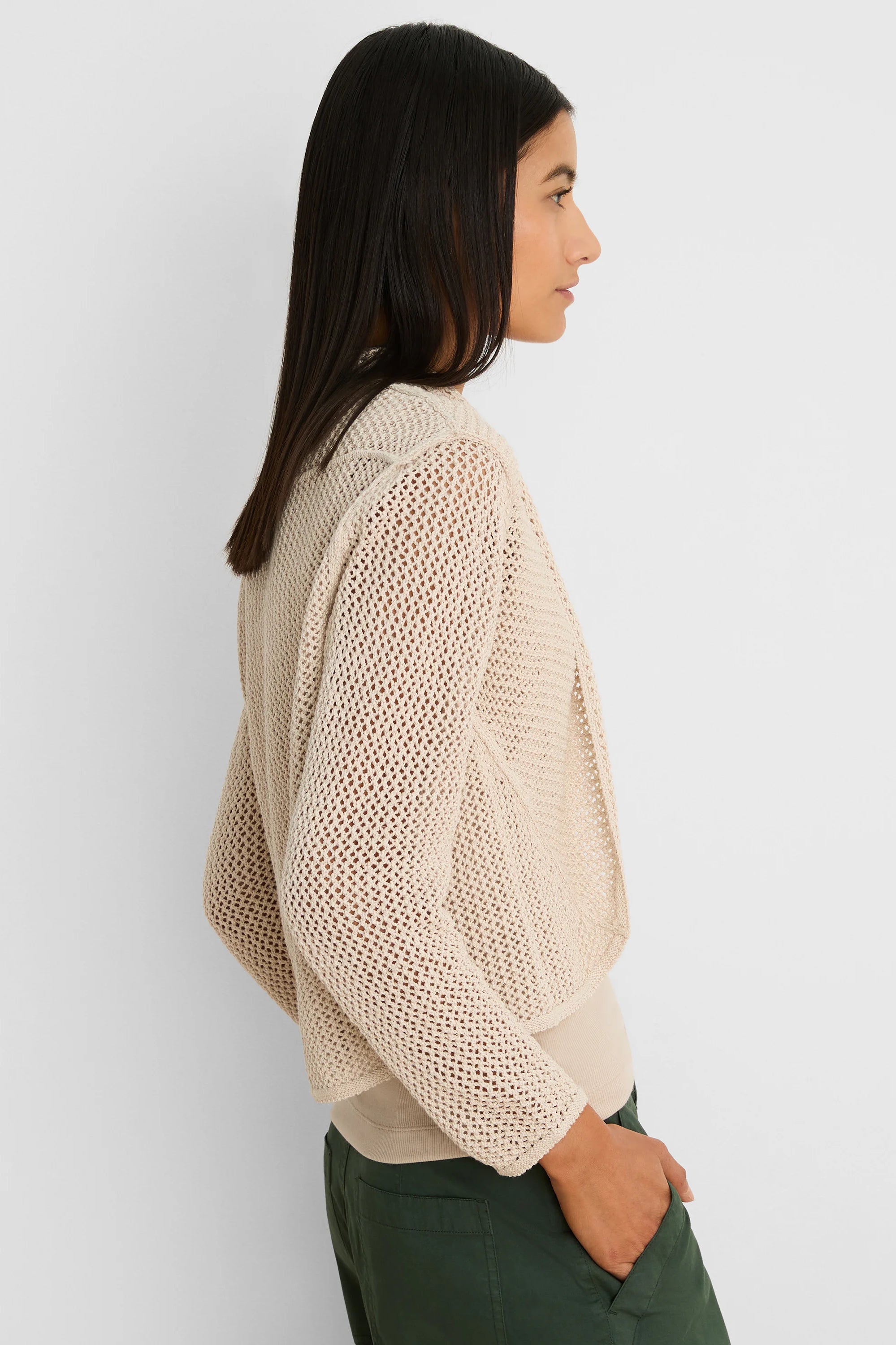 Oatmeal open knit cocoon cardigan, open front, waist length.