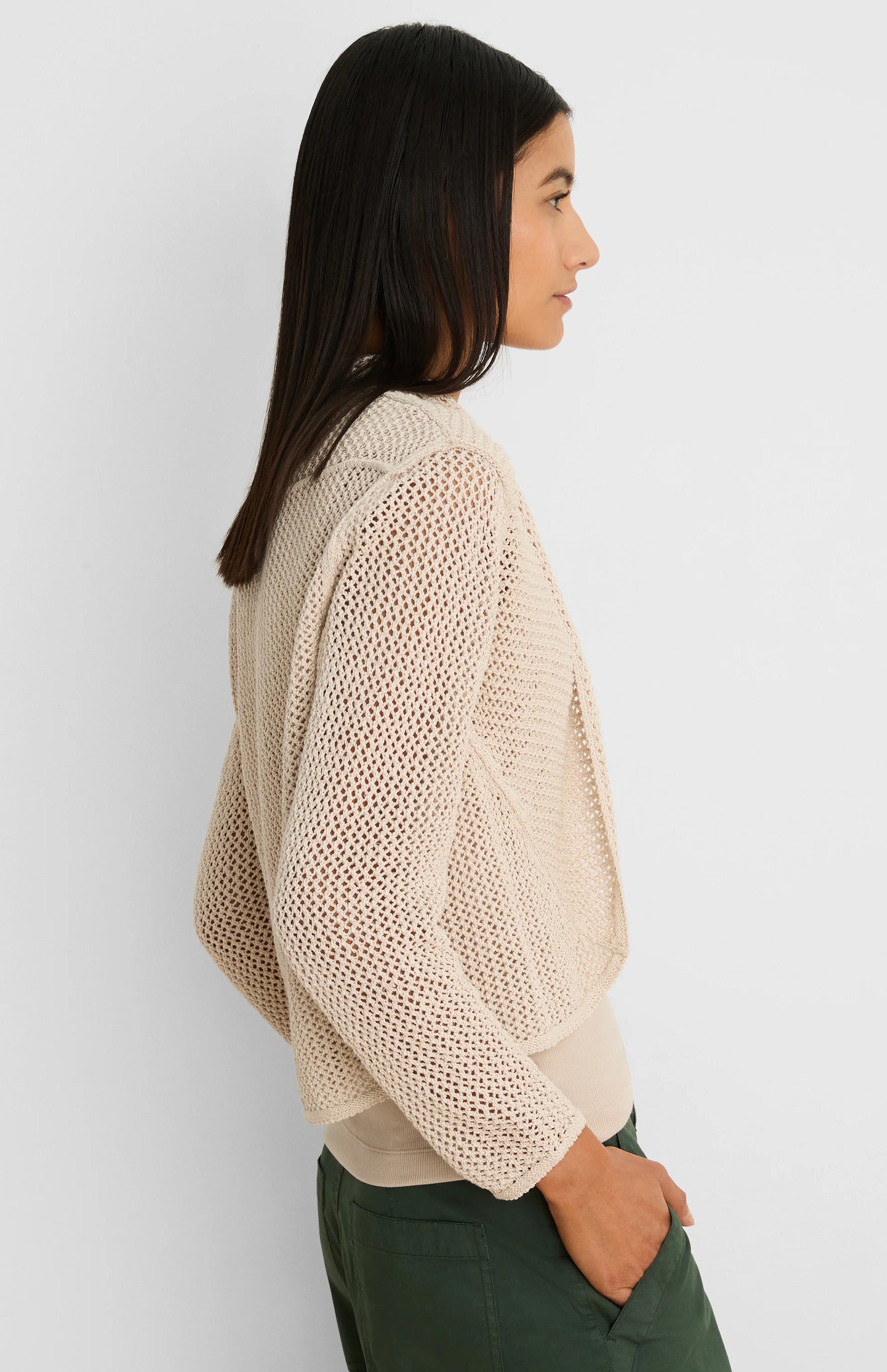 Oatmeal open knit cocoon cardigan, open front, waist length.