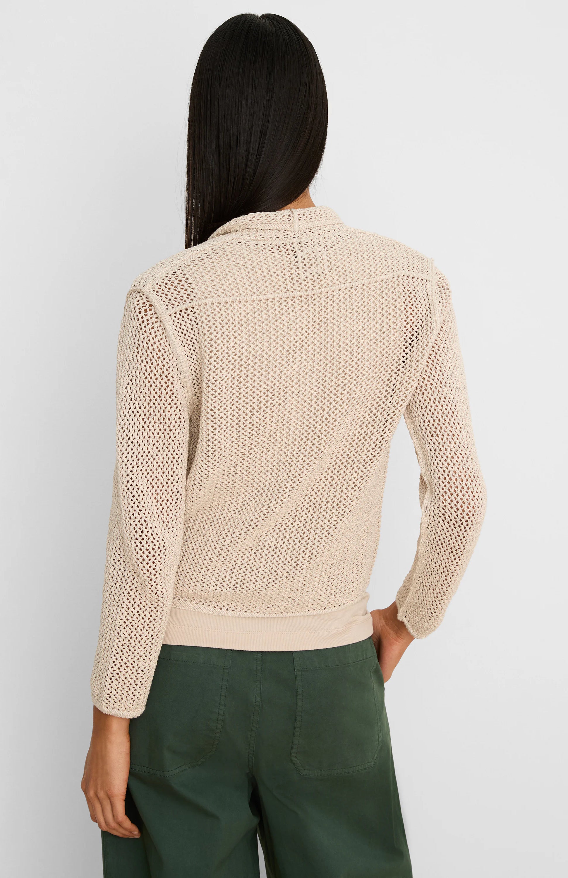 Beige open-knit mesh cocoon cardigan with ribbed cuffs and hem, shown from the back.