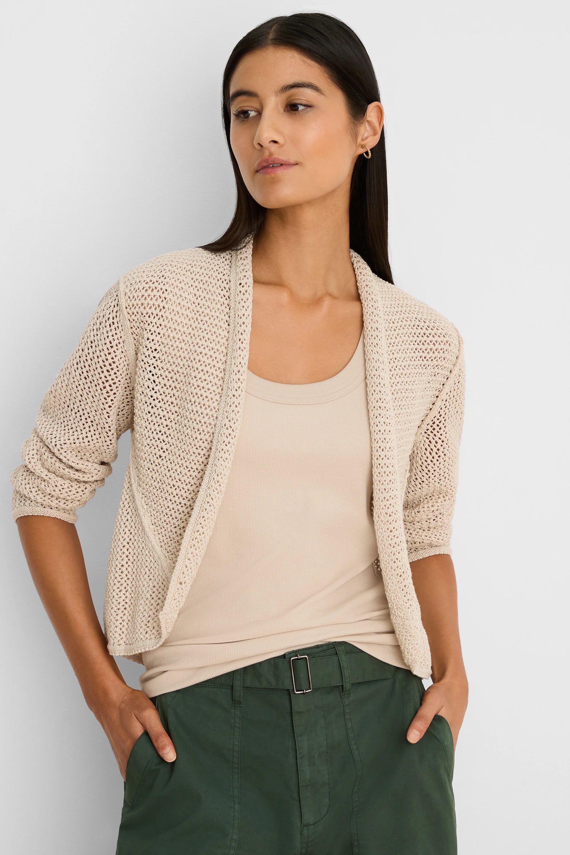 Ecru open-knit mesh cocoon cardigan with 3/4 sleeves.