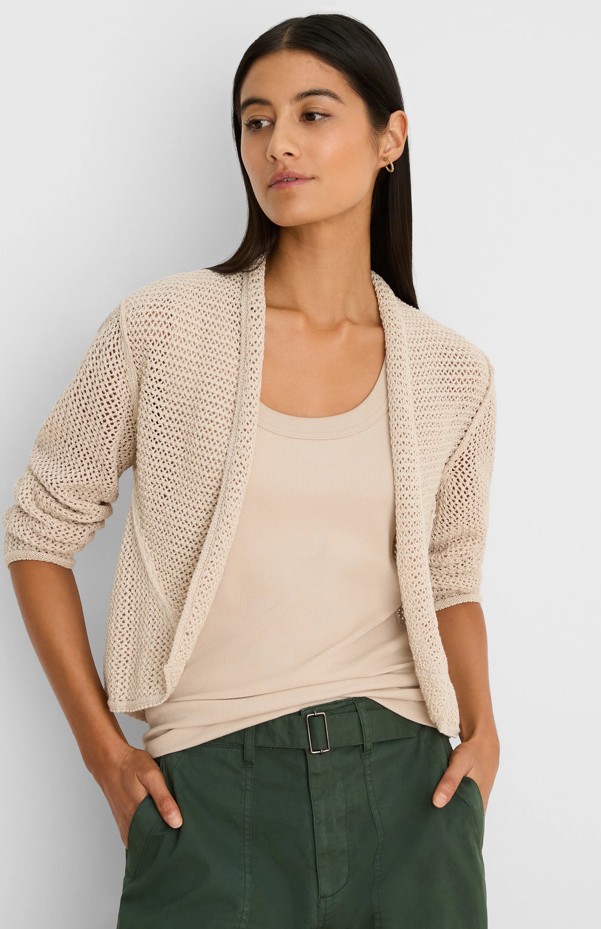 Ecru open-knit mesh cocoon cardigan with 3/4 sleeves.