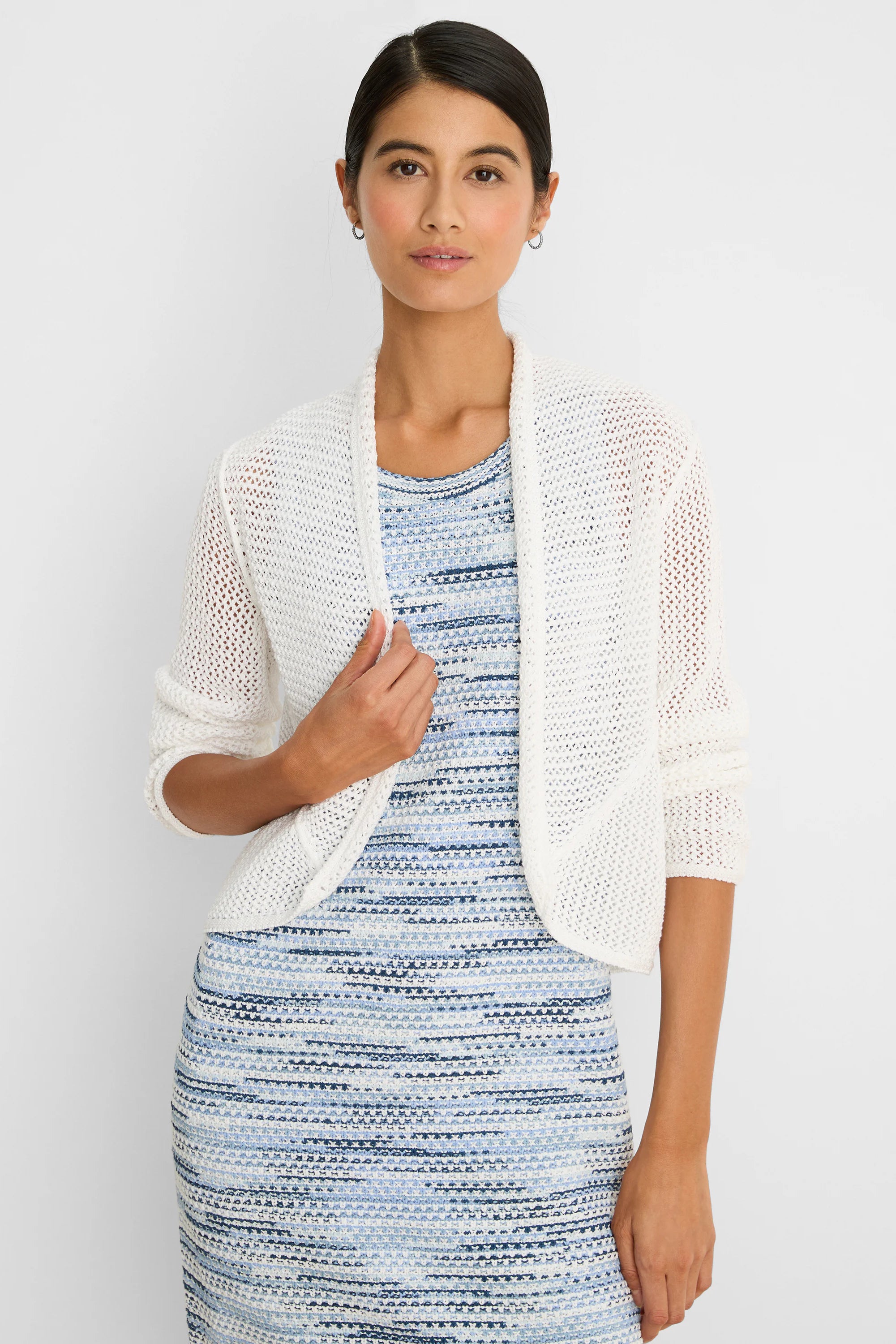 White mesh cocoon cardigan with 3/4 sleeves and open front.