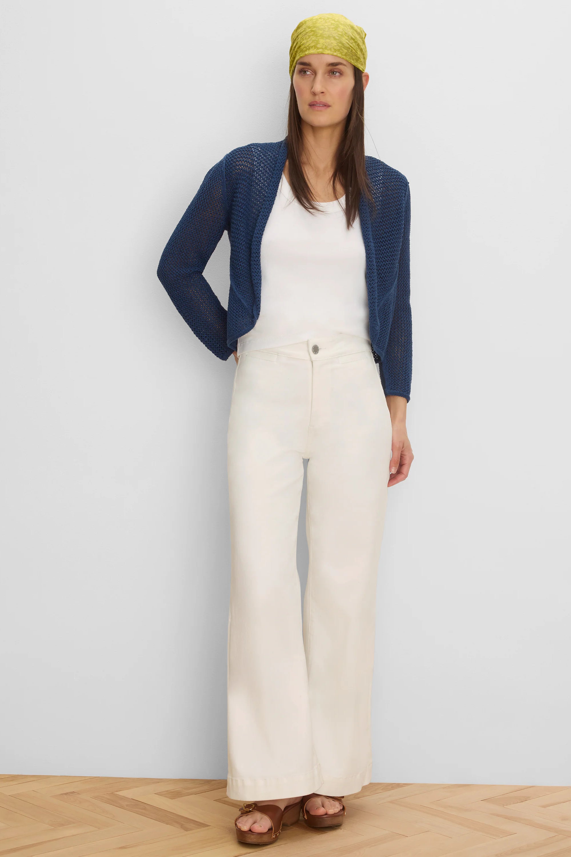 Navy mesh cocoon cardigan, cropped with an open front.