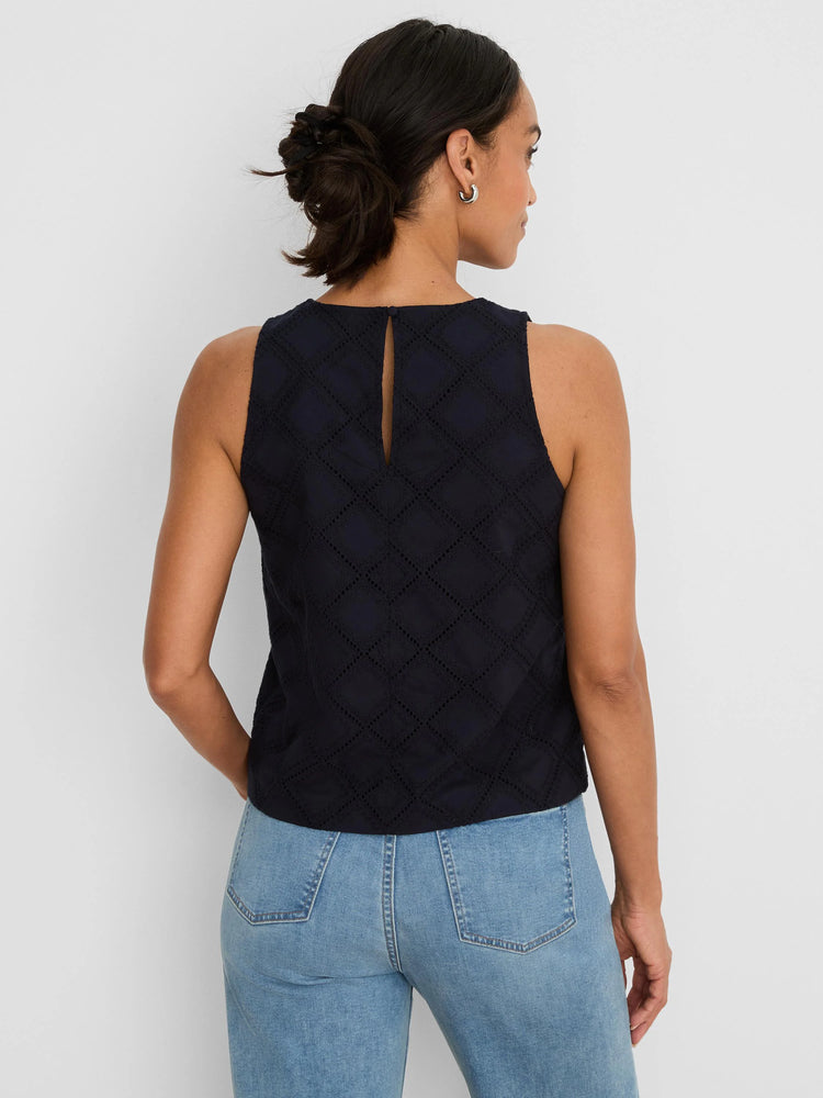 Dark navy sleeveless top with a diamond eyelet pattern and a keyhole back closure with a button.