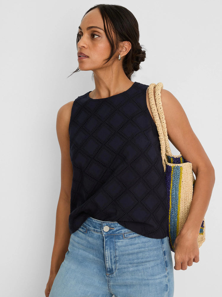 Navy blue sleeveless top with a round neck and diamond eyelet pattern.