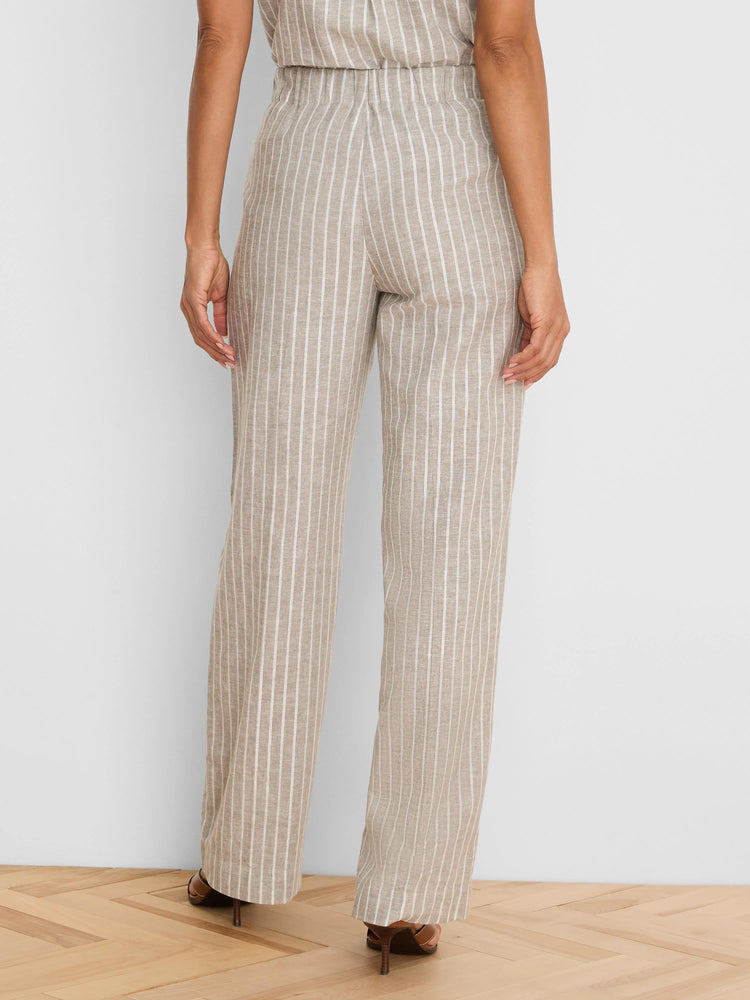 Light brown wide leg linen pants with white vertical stripes, elasticized back waist.
