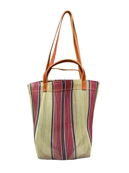 Mini market bag with tan leather straps and vertical stripes of pale yellow, burgundy, and dark brown on a mesh body.