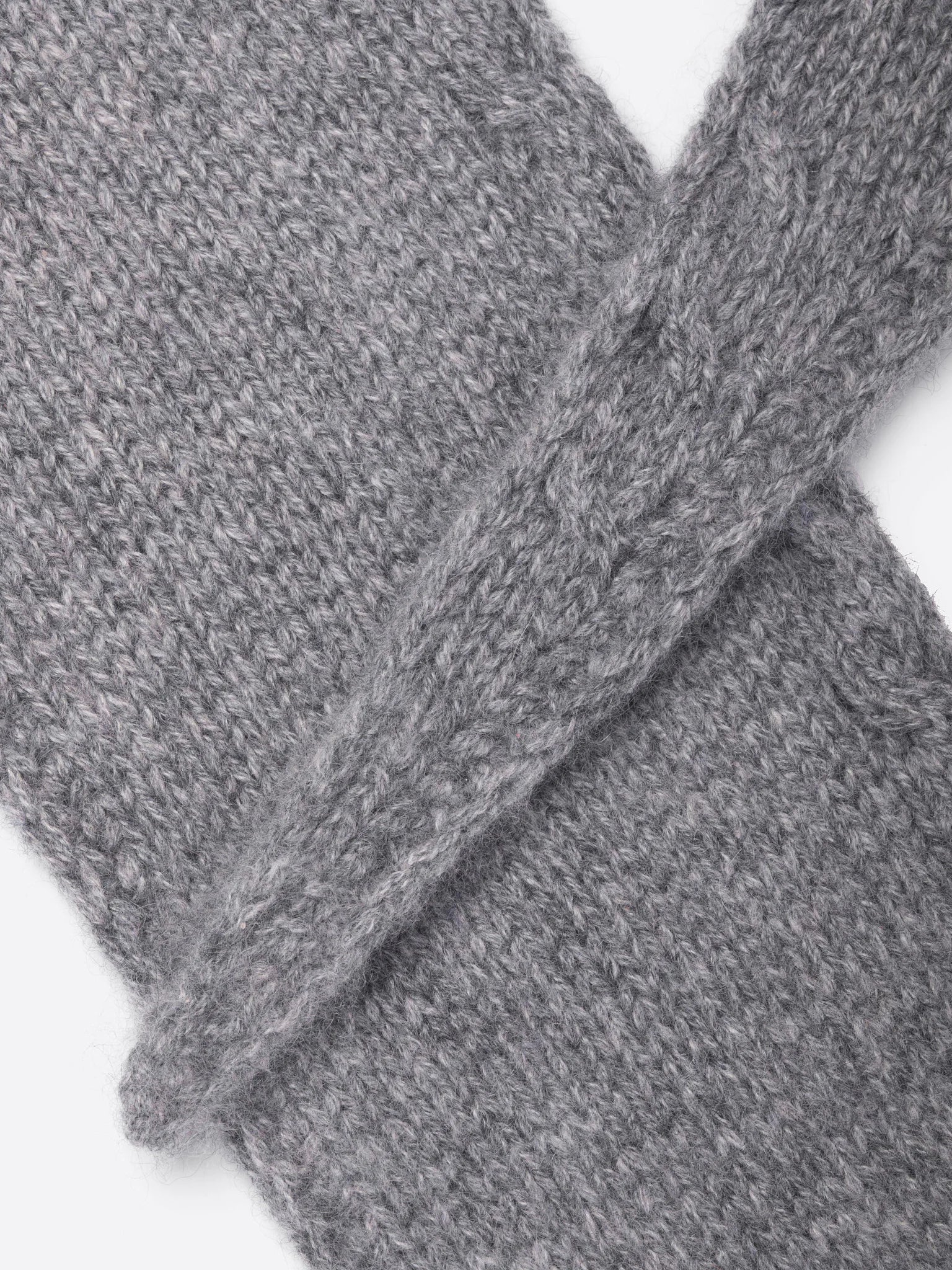 Heather gray mini scarf with a fuzzy, visibly knitted texture.