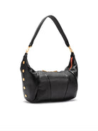 Black leather shoulder bag with gold-toned hardware and red zipper.  Semi-circular shape, slightly structured.