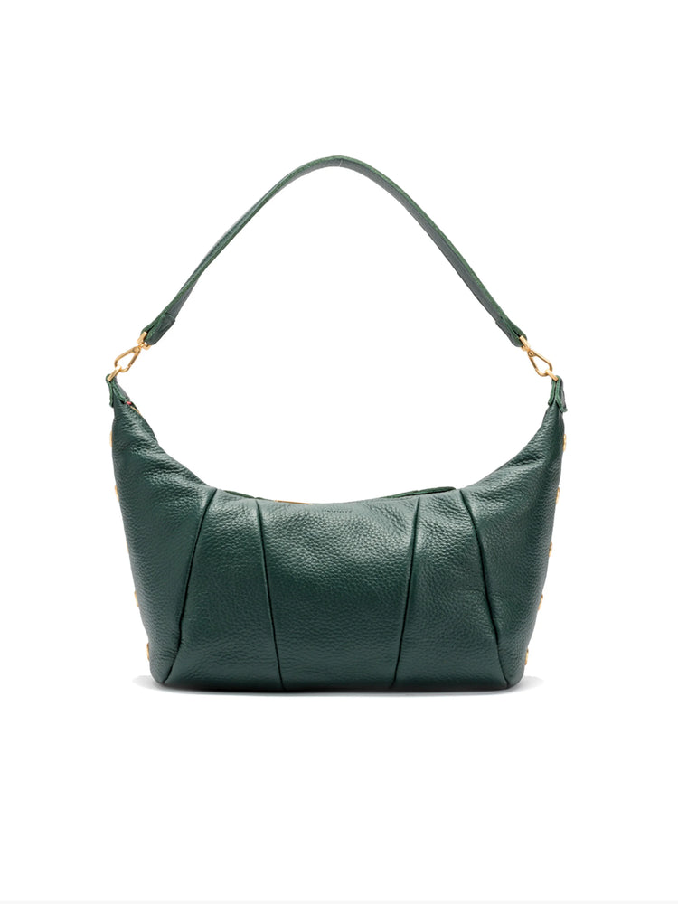 Dark green leather shoulder bag with gold hardware. Crescent shape, pleated front.