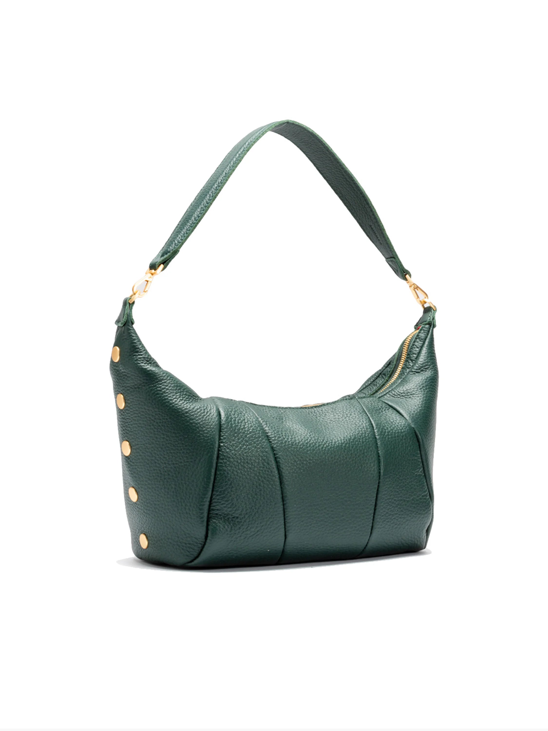 Dark green leather shoulder bag with gold hardware; curved shape, single strap.