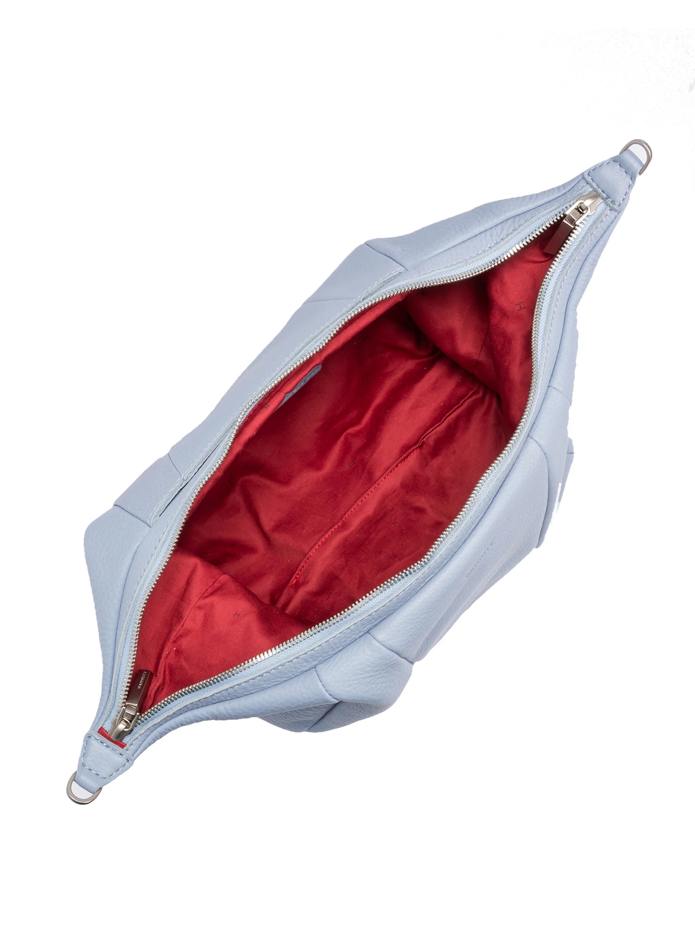 Light blue leather shoulder bag with silver zipper & red interior lining.  Open, showing interior.