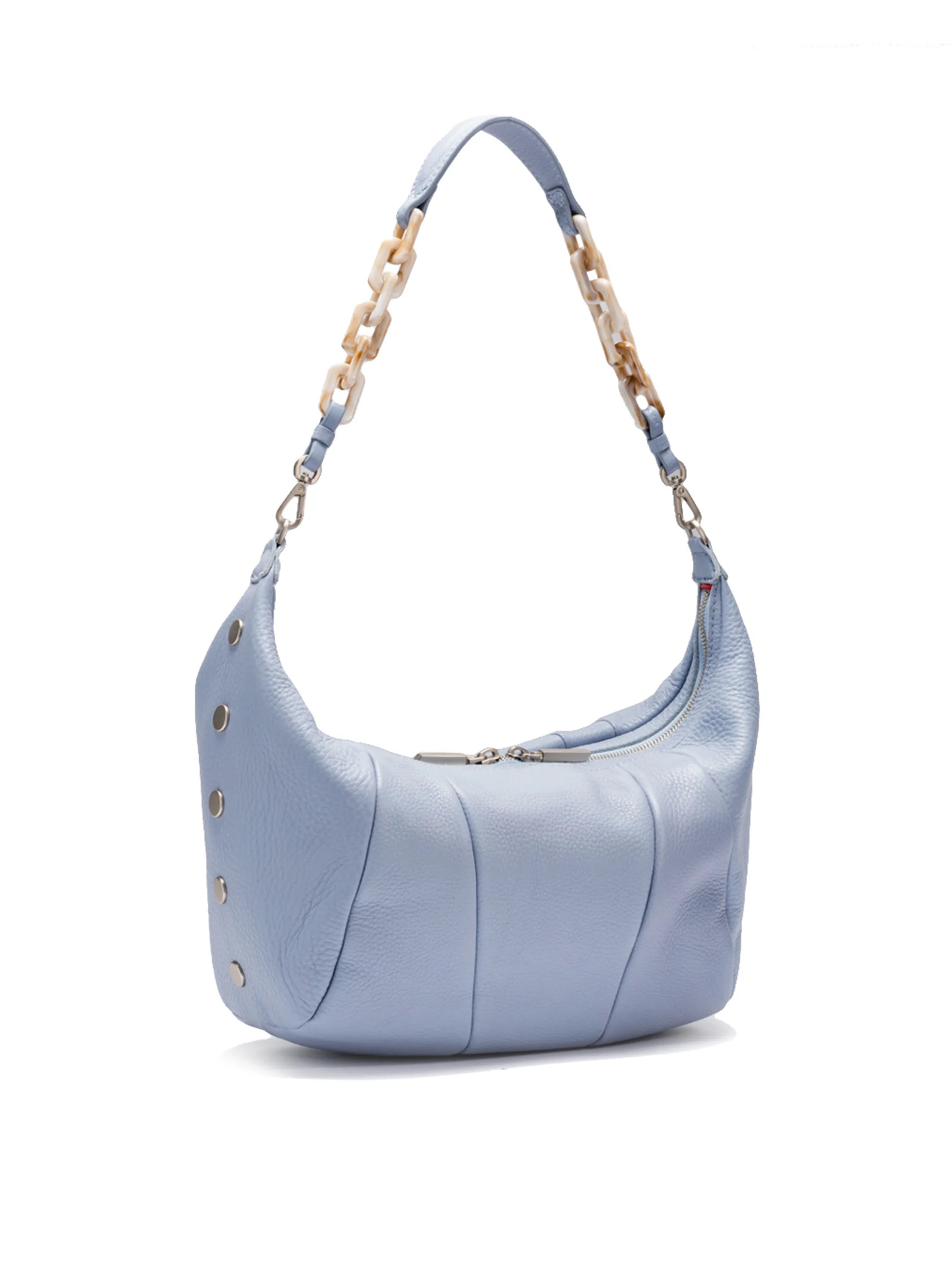 Light blue leather shoulder bag with beige chain strap and silver hardware.  Curved shape, zipper closure.