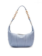 Light blue leather shoulder bag with beige chain strap and silver hardware.  Crescent shape.