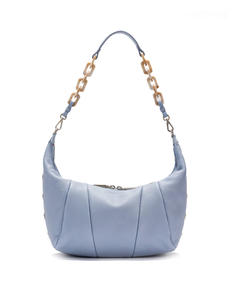 Light blue leather shoulder bag with beige chain strap and silver hardware. Crescent shape.